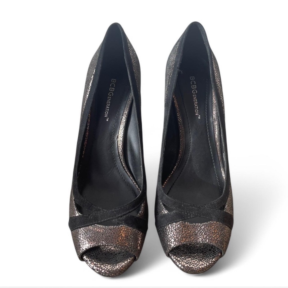 BCBG Generation metallic peep-toe heels